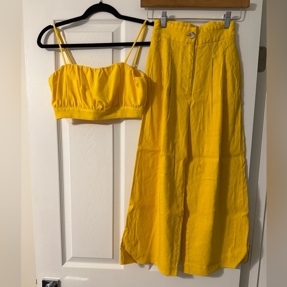 Wide leg yellow linen pants with cropped tank set